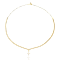 Colar Chocker Fita Cruz Banho Ouro 18 k