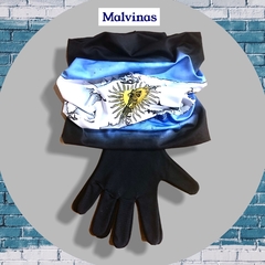 Combo cuello multiuso y guantes. Diseño Malvinas.