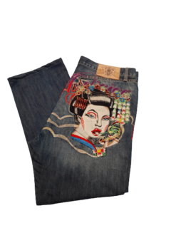Pantalon Jeans Ancho Importado Bordado Vintage Geisha en internet