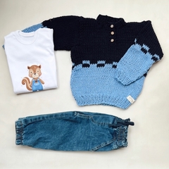 pull 3 botones azul marino y celeste jean - comprar online